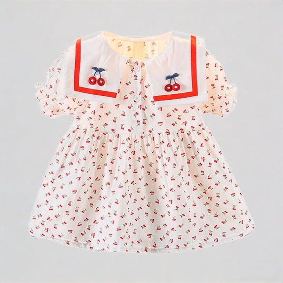 REDARER Toddler Girls' Cherry Embroidered Sailor Collar Dress, Ditsy Floral Print Puff Sleeve A-Line Dress, Summer Bucolic Style Casual Dress for Kids,2-3 Years