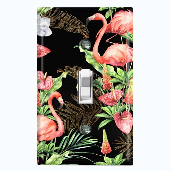 Metal Light Switch Plate Outlet Cover Tropical Pink Flamingo Flower Leaves Black FGO005