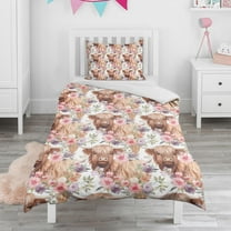 Flower and Highland Cow Duvet Cover and Pillowcase Set for Single Bedding, Bedroom Accessories for Kids Teens