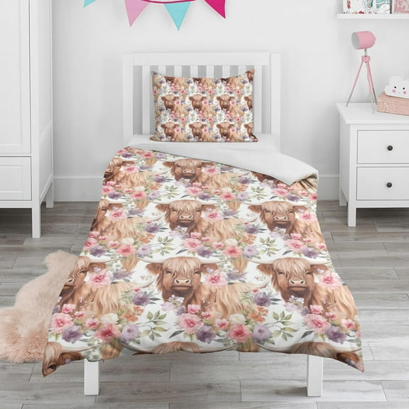 Flower and Highland Cow Duvet Cover and Pillowcase Set for Single Bedding, Bedroom Accessories for Kids Teens