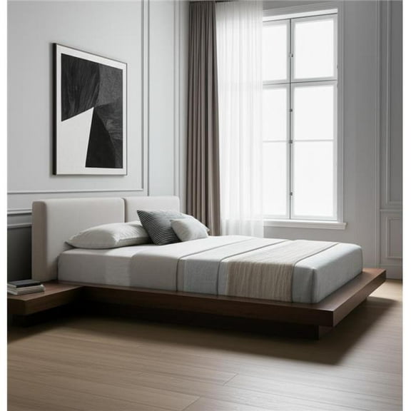 HomeRoots 486239 Gray & Walnut Wood & Faux Leather Queen Bed Frame with Attached Nightstands