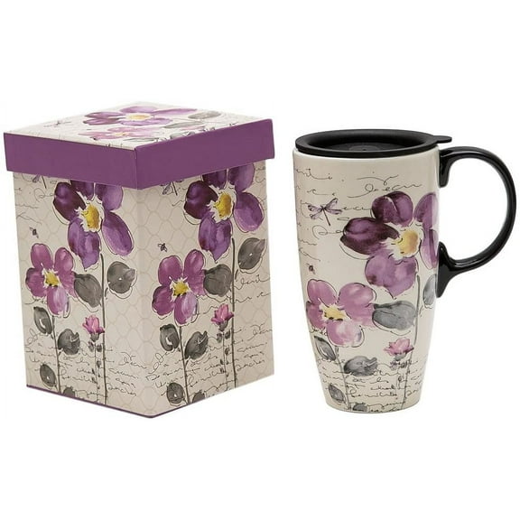 EnjinZZ Tall Ceramic Travel Mug 17 oz. Coffee Cups Sealed Lid With Color Box (Purple Flower)