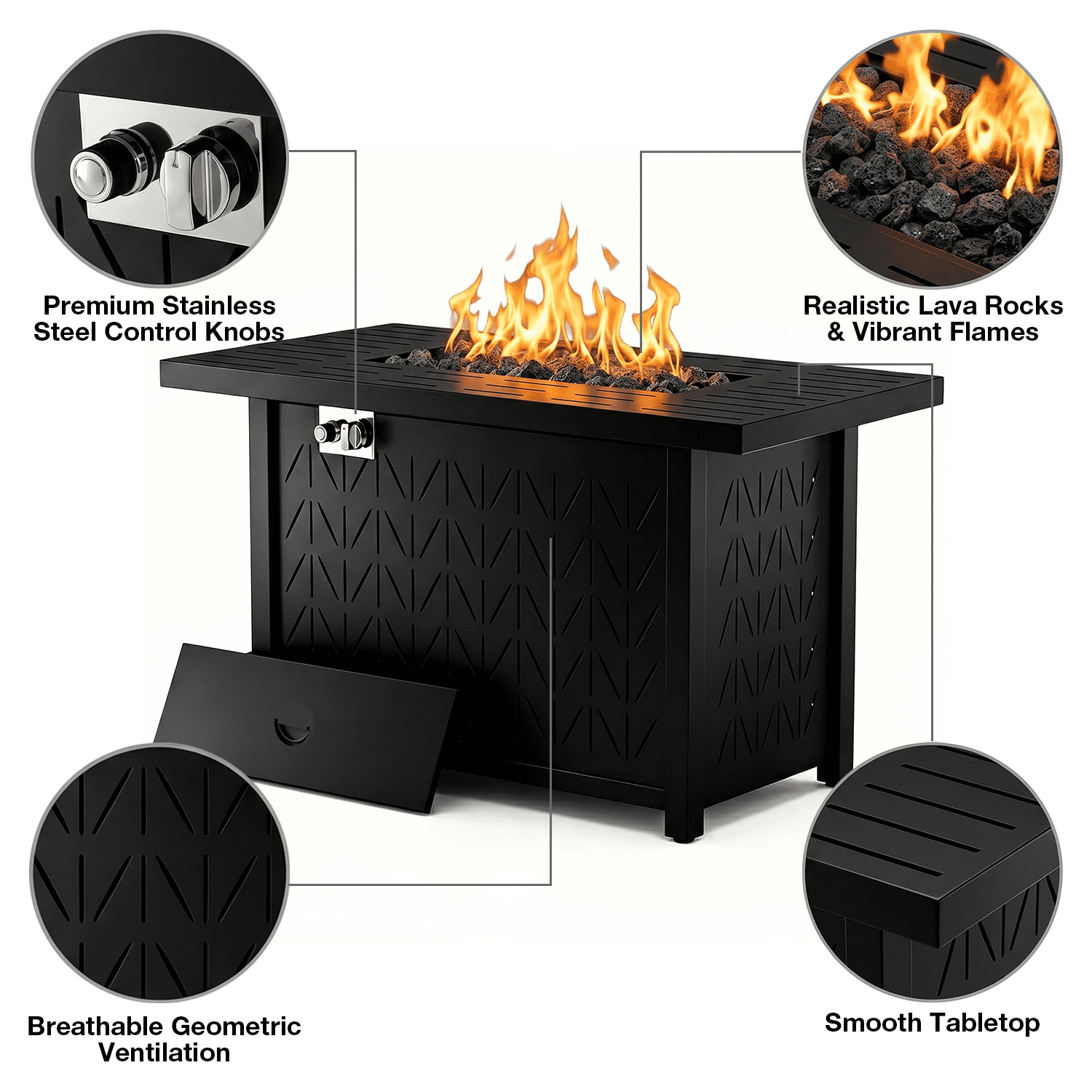 Vornel 43"Rectangular Propane Fire Pit Table,50000 BTU 2in1 Gas Firepit with Lid,Rain Cove,Glass Stones,Fire Table for Garden,Pool,Outdoor Party