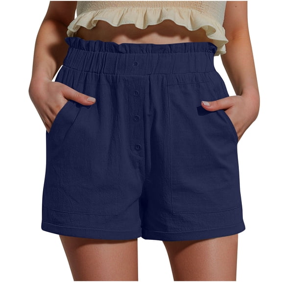 Lenpel Women's Casual Shorts Ruffle Elastic Waist High Rise Button Front Pleated Summer Shorts Beach Vacation Outfits