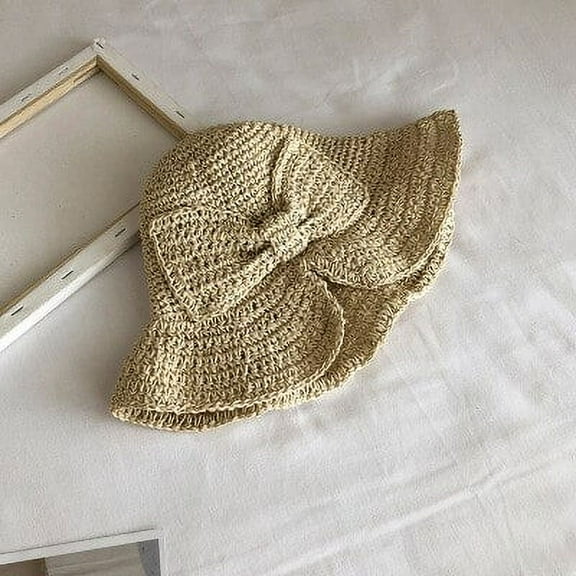 SikaFu Straw Hat Korea Style Bow Spring Summer Sun Hat Women Packable Crochet Knitted Wide Brim Hat Ladies Solid Dome Beach Hat
