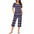 thumbnail image 2 of BiZtdJrK Women's Two Piece Set Casual Pleated Short Sleeve Shirts and Capris Pajamas Sets Trendy Plaid Print Sleepwear Suits with Pockets Lightning Sales Purple XL, 2 of 7