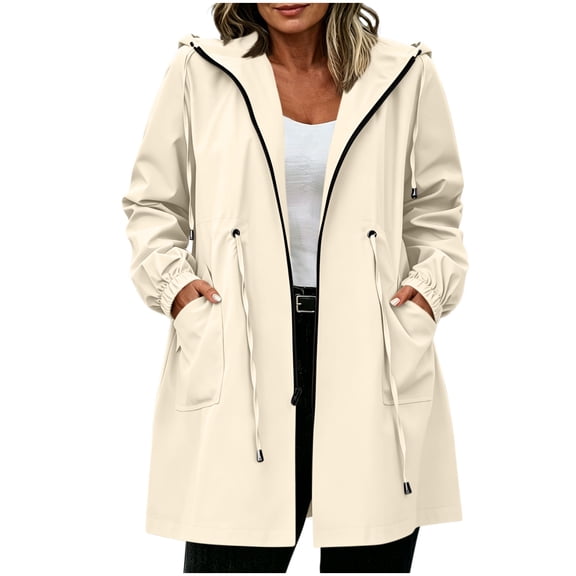 Gealkoca Women's Rain Jacket Plus Size Long Raincoat Hooded Windbreaker Waterproof Jackets with Pockets Women Zipper Elastic Waisted Jacket