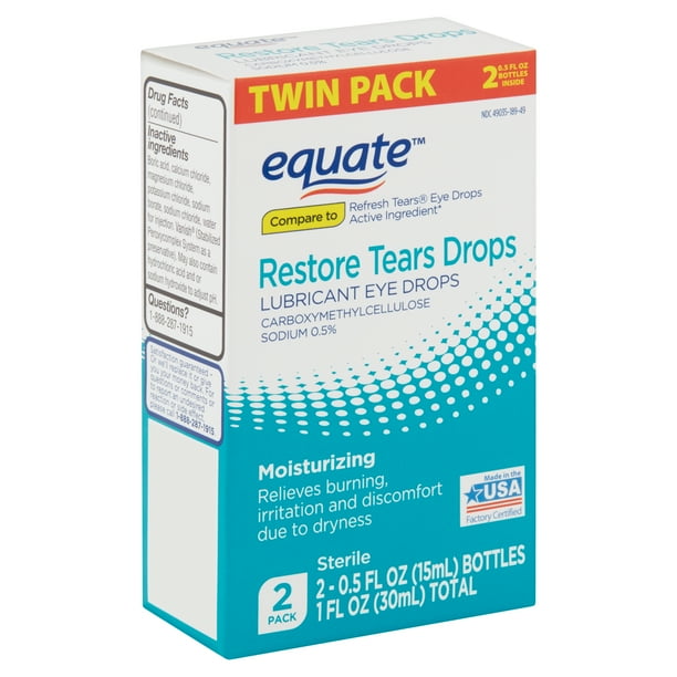 Equate restore tears lubricant eye drops twin pack, 0.5 fl oz, 2 count