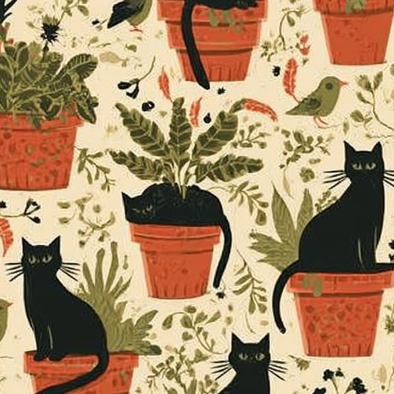 Animal Peel and Stick Wallpaper 23.6in x 9.8ft Black Cats Plant Pots Floral Birds Earthy Tones Contact Paper Vinyl Waterproof Self Adhesive Wall Paper for Bedroom Shelf Cabinet Renter Friendly