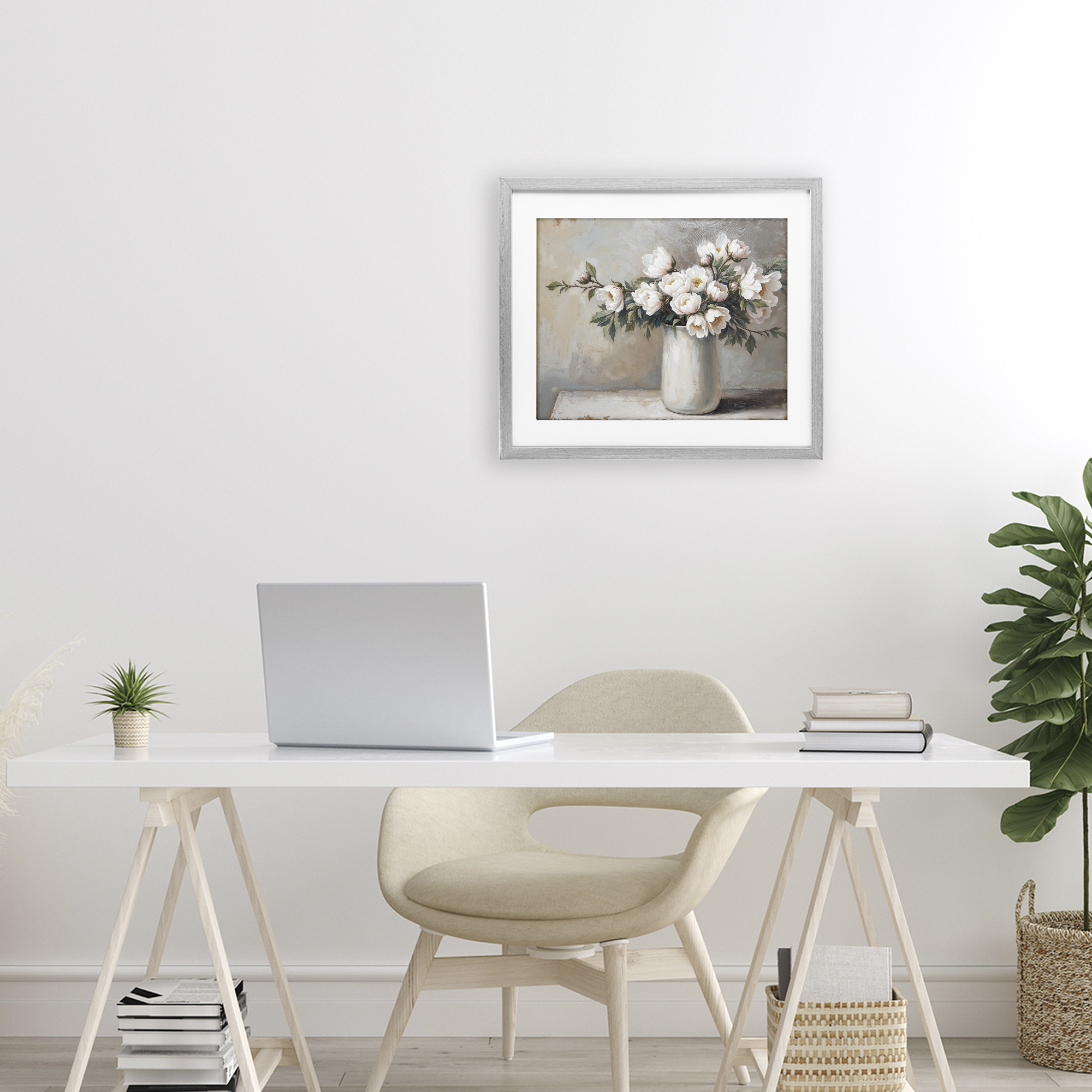 White Flowers in Vase Still Life Gray Framed Print Under Glass, design by Lettered and Lined
