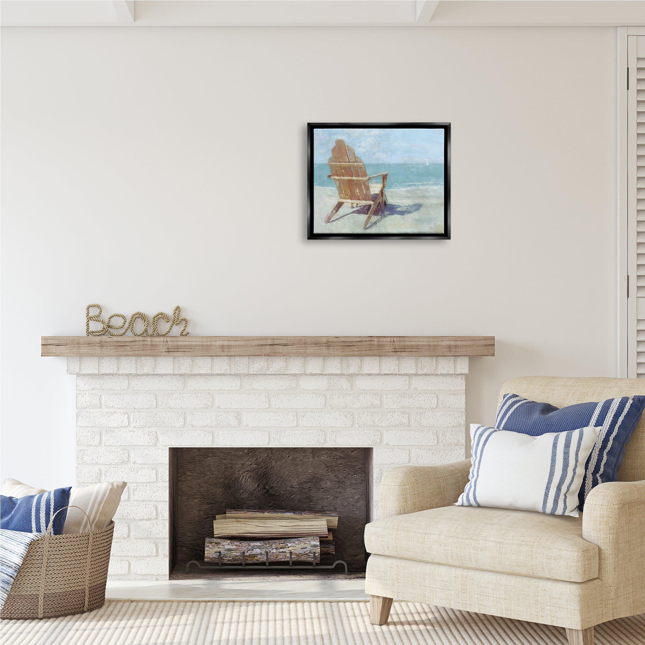 Stupell Industries Beach Chair by Shore Nature Painting Black Floater Framed Art Print Wall Art, 21 x 17