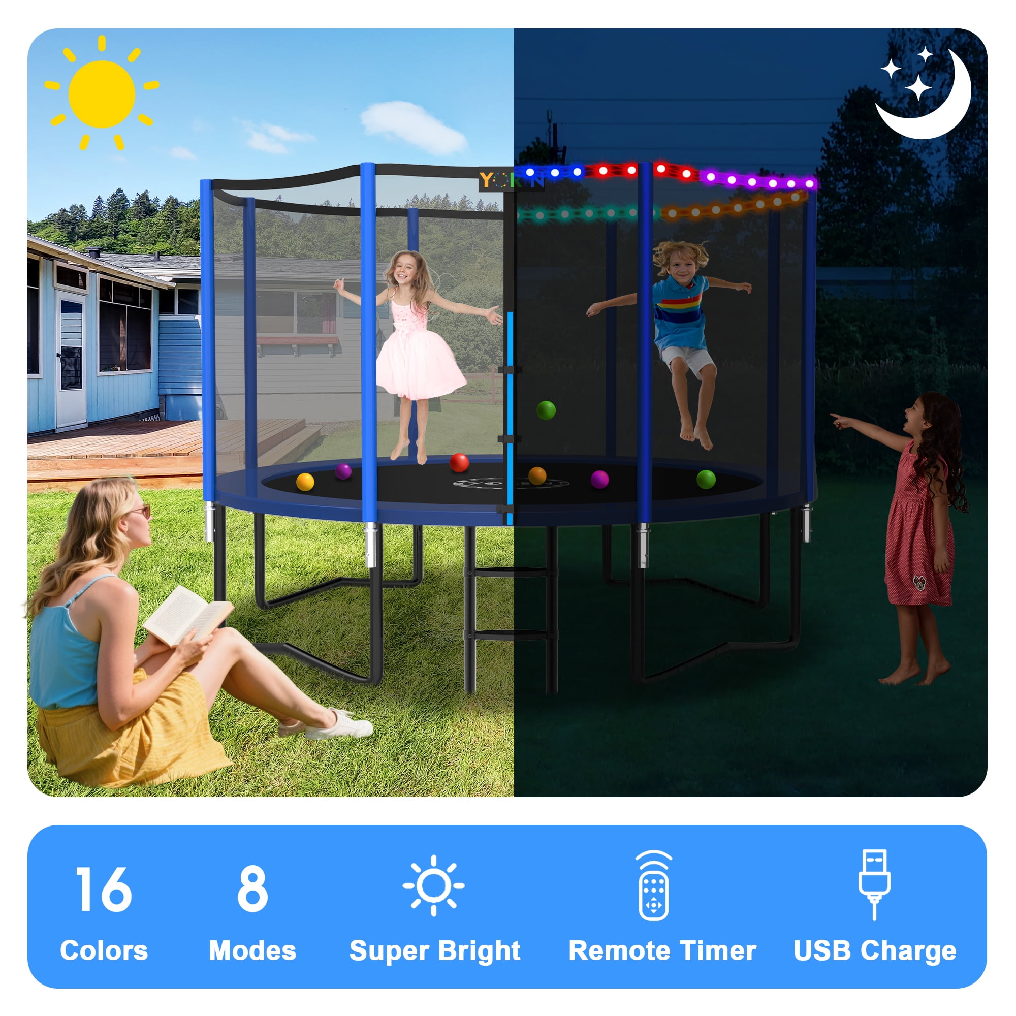 YORIN 12FT 14FT 8FT 10FT Trampoline with Enclusore Net, Sprinkler & LED Lights, 1200LBS Capacity Outdoor Trampoline for 5-6 Kids, Safety Enclosure Net, Ladder, Heavy-Duty Backyard Round Trampoline