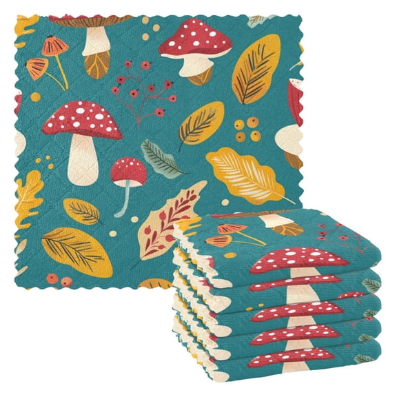 6 Pieces of Kitchen Towels 11x11Inch Kitchen Dish Cloths Kitchen Dish Towels Reuseable Cleaning Cloths Red Mushroom