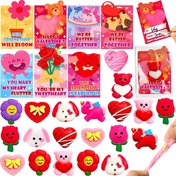 Juguetes Mochi Squishy para el día de San Valentín con tarjetas para niños (paquete de 28)