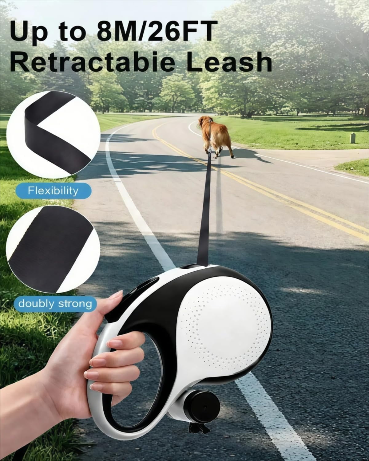 360° Tangle-Free Retractable Dog Leash with Chew Proof Extender | 26ft Upgraded Heavy Duty Retractable Dog Leash with Poop Bag Holder | One-Handed Brake, Pause, Lock (Extra Large, White)
