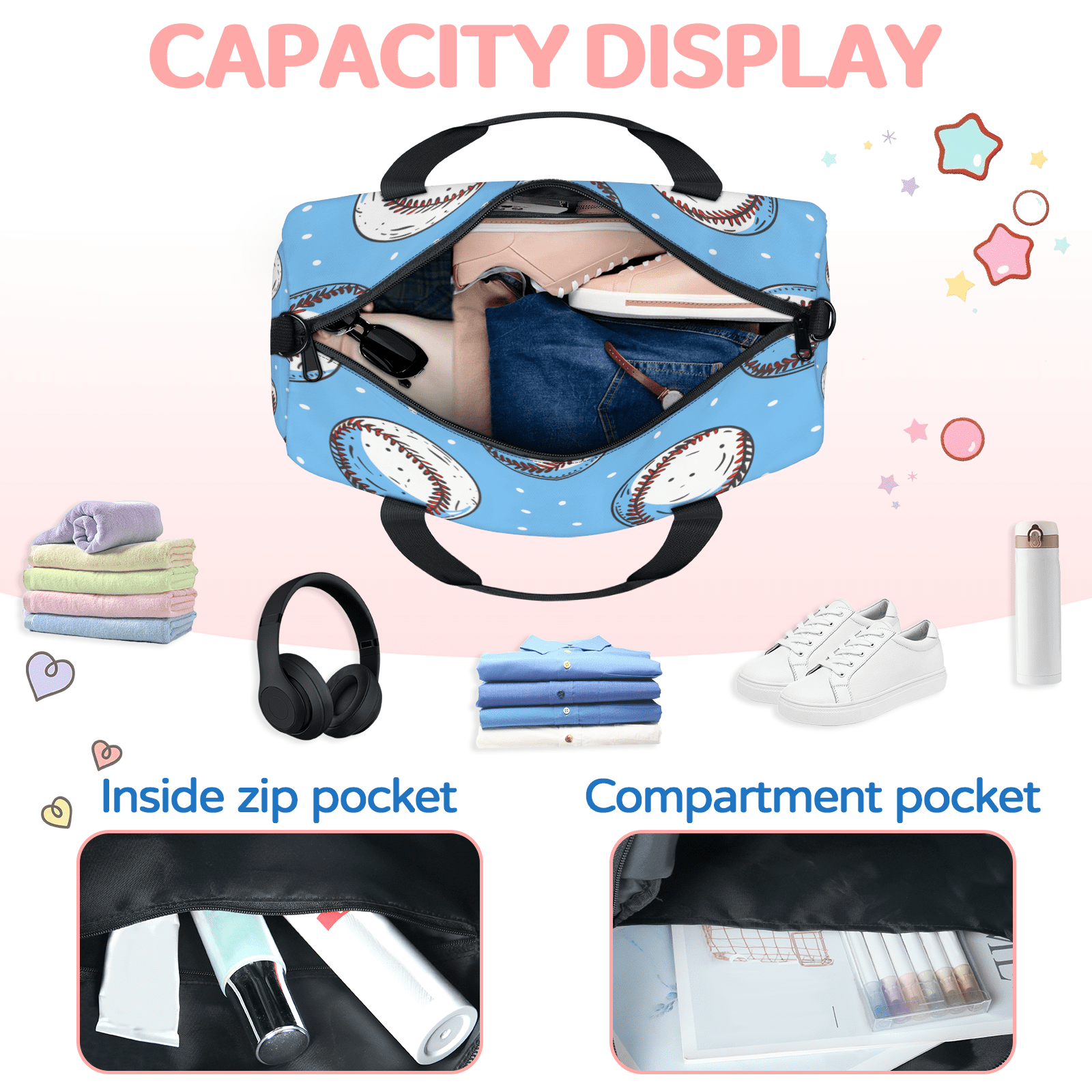 Herdesigns Baseball Sports Travel Duffle Bag Sports Yoga Weekender Overnight Carry on Workout Bags Lightweight Waterproof Gym Tote Bag for Women Cool Ball