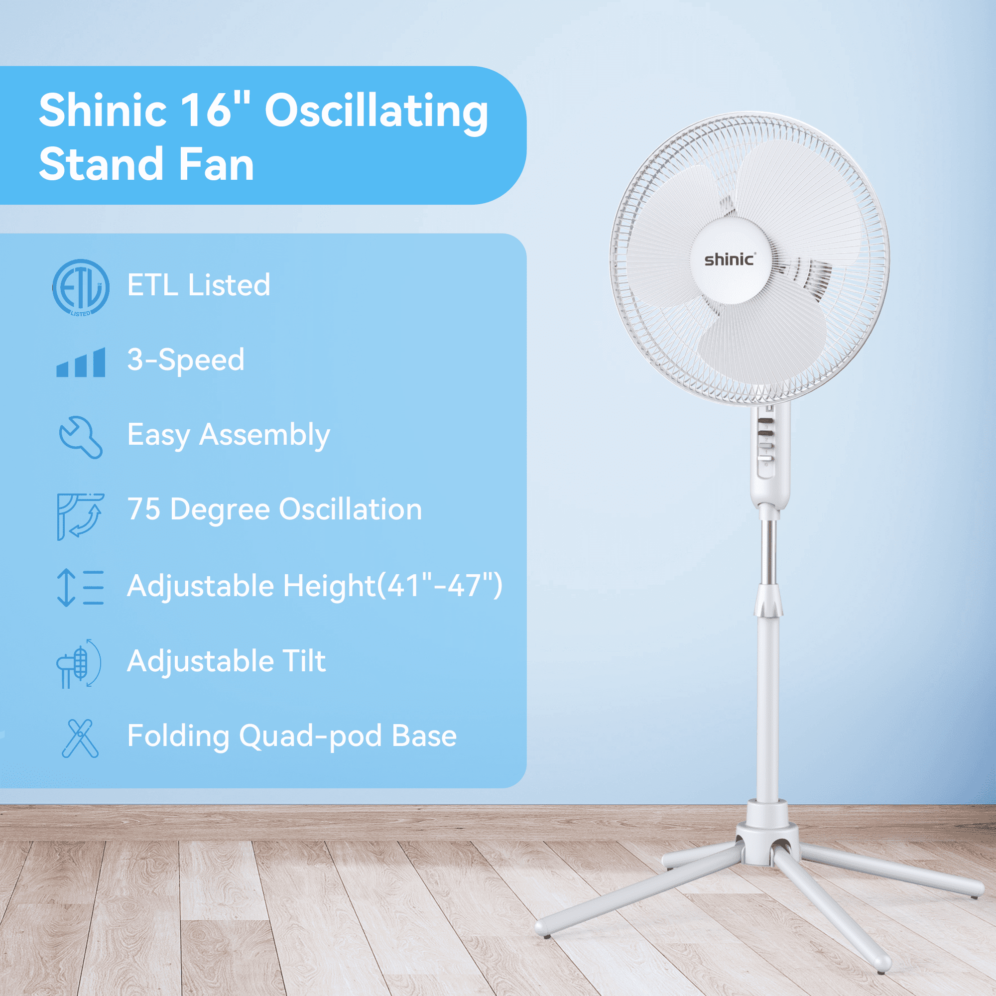 Shinic 16" 3-Speed Oscillating Pedestal Fan with Folding Base, Adjustable Height and Tilt,41"- 47", White