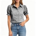 thumbnail image 3 of Admvng Women's Gingham Plaid Shirt Lapel V Neck Puff Ruffle Short Sleeve Chest Pocket Button Down Casual Blouse Tops, 3 of 6