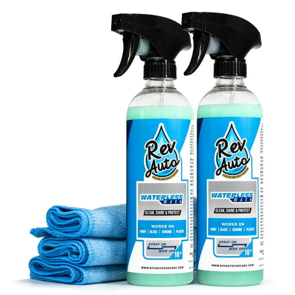 Rev Auto Waterless Car Wash Kit - Cleans Vehicles Without Water Source/Includes Two 16oz Waterless Wash Spray Cleaner and Microfiber Towels | Car Exterior Cleaner | No Rinse Car Wash Cleaning Spray