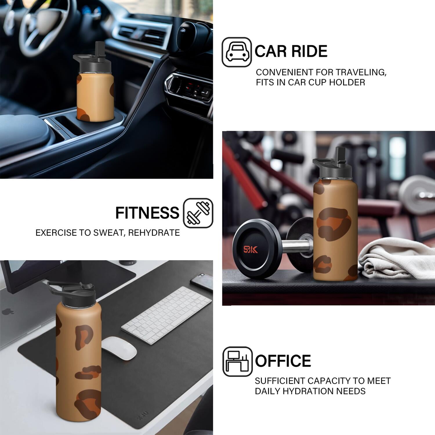 Leopard Print Insulated Stainless Steel Water Bottle with Straw & Cleaning Brush – 18 Oz | Leakproof, BPA-Free, 304 Stainless Steel, Wide Mouth, Travel Mug for Car, Gym, Office