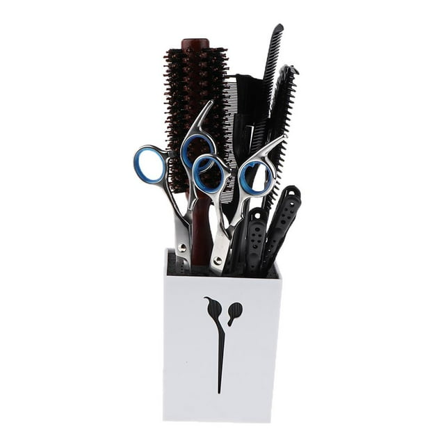 set de tijeras para el cabello yinane tijeras profesionales para peluquería juego de 10 piezas en estuche blanco, vista frontal centrada; incluye dos tijeras plateadas con mangos azules, tijeras de entresacar, dos pinzas negras, peine cola y cepillo redondo de cerdas.