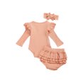 thumbnail image 1 of Honganda Girl's Solid 3Pcs Suit, Romper with Ruffled Short Pants Hairband, 1 of 7