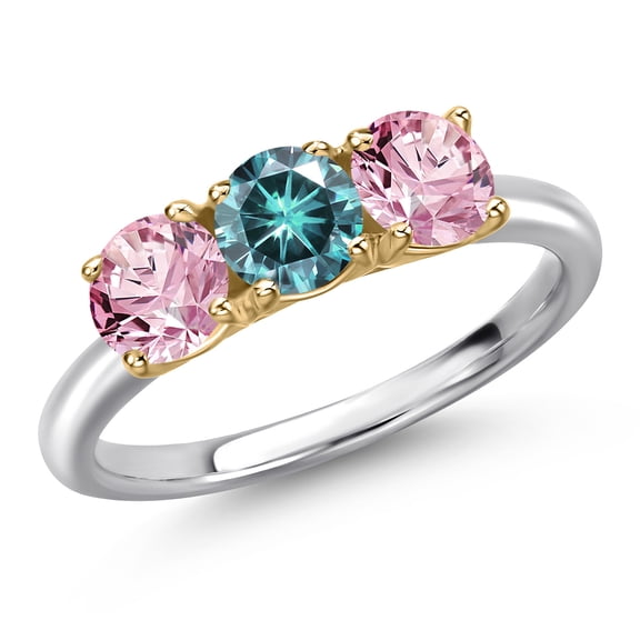 Gem Stone King 10K Two Tone Gold Blue Moissanite and Pink Lab Grown Diamond Engagement Ring for Women | 1.50 Cttw | Round 5MM | Gemstone Birthstone | Size 9