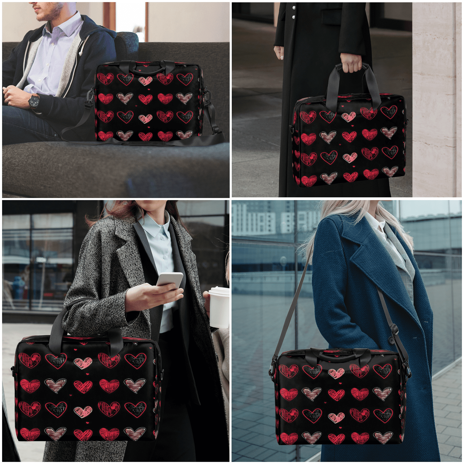 Herdesigns Valentine's Day Black Red Heart Laptop Bag for Women Men, Computer Case Briefcase Messenger Bags, 15-15.6 inch Laptop Sleeve Shoulder Bag