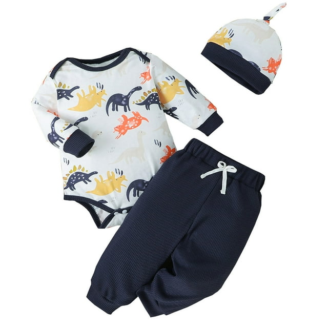 Hiiyo Infant Boys Outfits Dinosaur Print Long Sleeve Romper Pant Hat Spring Autumn Clothes Set