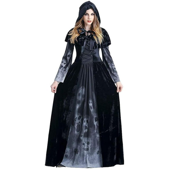 yingyy Costume de Sorcière d'Halloween Robe Cape Slim en Dentelle Vampire pour Ghost Bride Robe à Manches Longues No.4