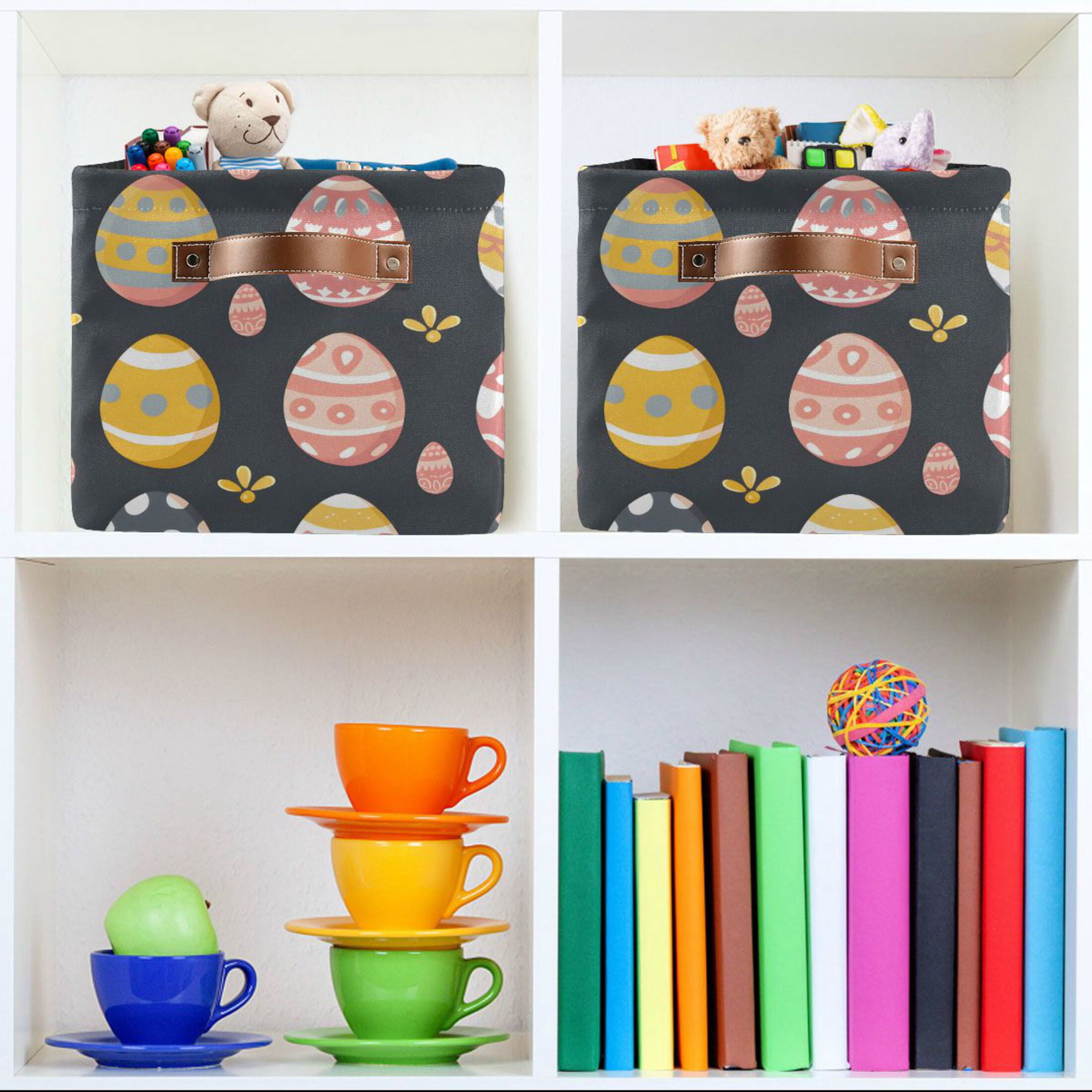 Easter Egg with Grass Storage Bins with Handle Fabric Organizer Basket Foldable Box 2 Pack 14.2x10.2x8.3
