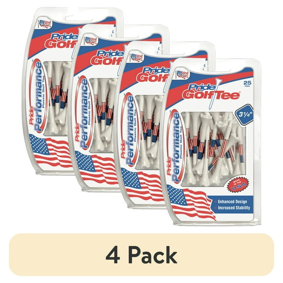 (4 pack) Pride Performance Flag Plastic Golf Tees – Low-Resistance Head, 3.25" Durable Plastic for Golfing, Enhanced Stability, 25 Count