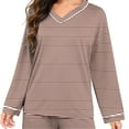 thumbnail image 7 of Uaswgudfs Women's Striped Pajama Set V-Neck Long Sleeve Loose Loungewear Top & Pants 2-Piece Casual Sleepwear Outfit for Women Daily Wear & Sleeping Brown L, 7 of 7