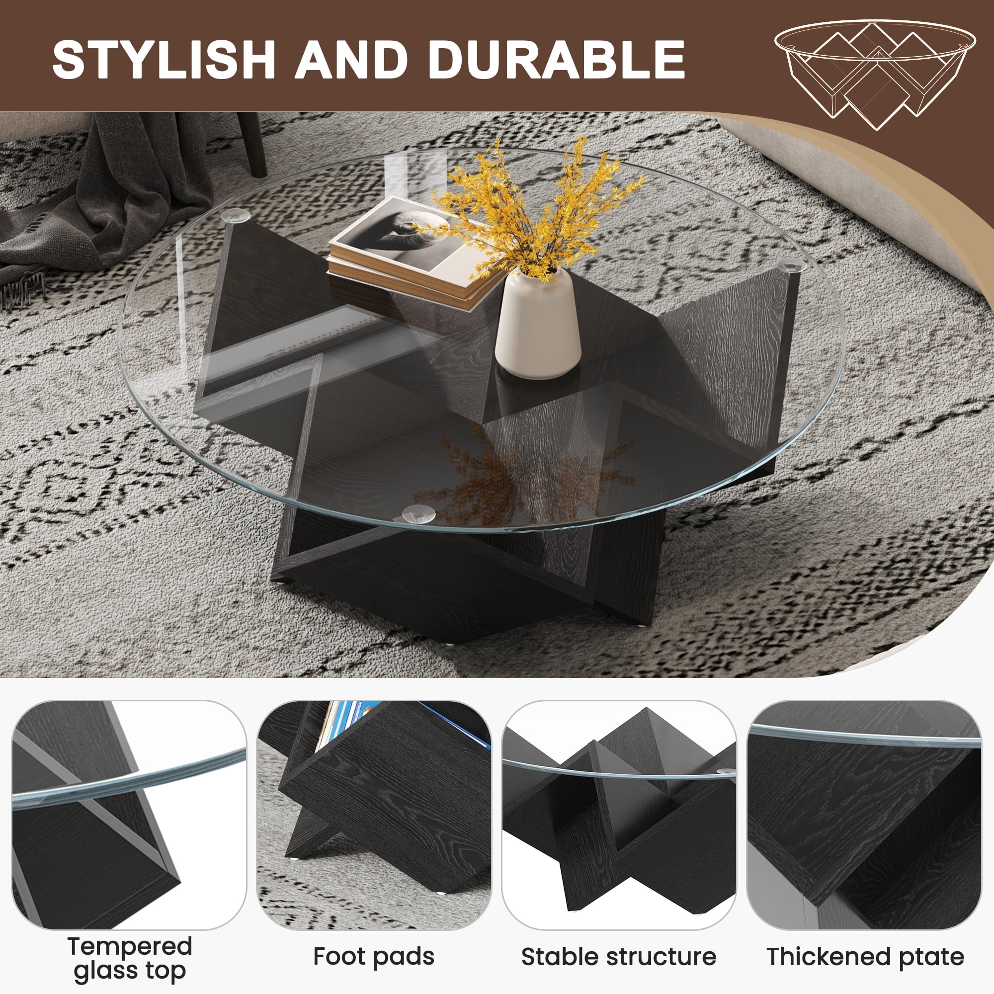 35.4" Round Coffee Table with Tempered Glass Top, Geometric Design Accent End Table with Abstract Art Deco Storage Shelves Base