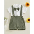 thumbnail image 5 of BemeyourBBs Baby Boy Formal Gentleman Wedding Outfit Christening Baptism Outfits Cotton Linen Summer Dress Clothes Short Sleeve Button Down Lapel Bowtie Bodysuit Shirts Suspender Shorts Set, 5 of 9