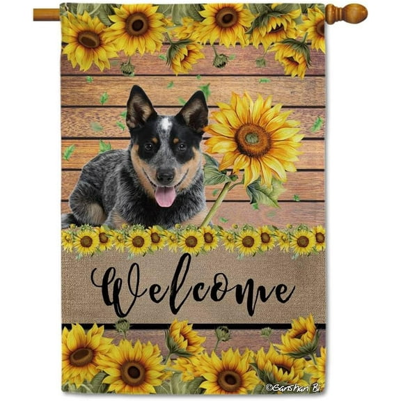 Blue Heeler Sunflower House Flag Dog Welcome Spring Summer Wooden Print Flag Banner Outside Yard Decor 28X40 Inch Double Side Style 1