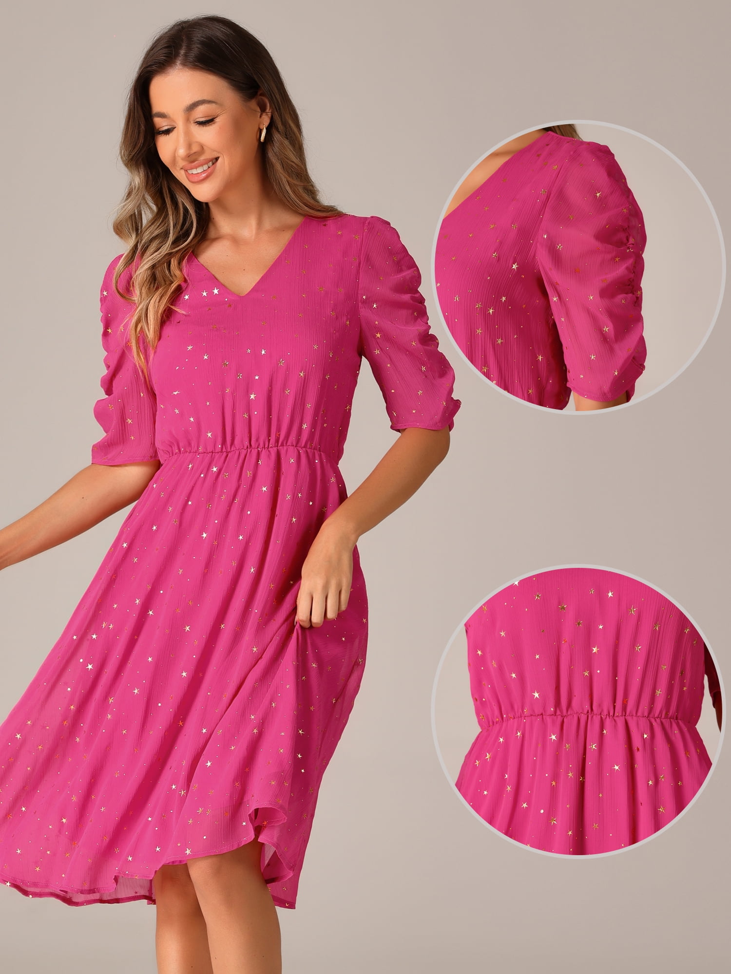 DARING DIVA Metallic Stars A-line Chiffon Dress S Hot Pink