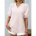 thumbnail image 5 of Womens Short Puff Sleeve Striped Blouses Top V Neck Loose Fit Casual Summer Work Blouses Striped Shirt Pink S, 5 of 6