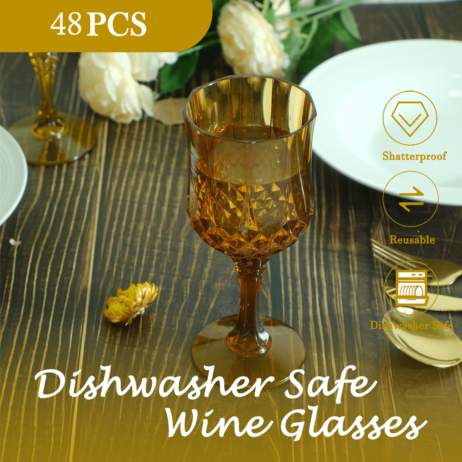 ZHURUININ Reusable Plastic Wine Glasses，Amber，7oz，48Pack