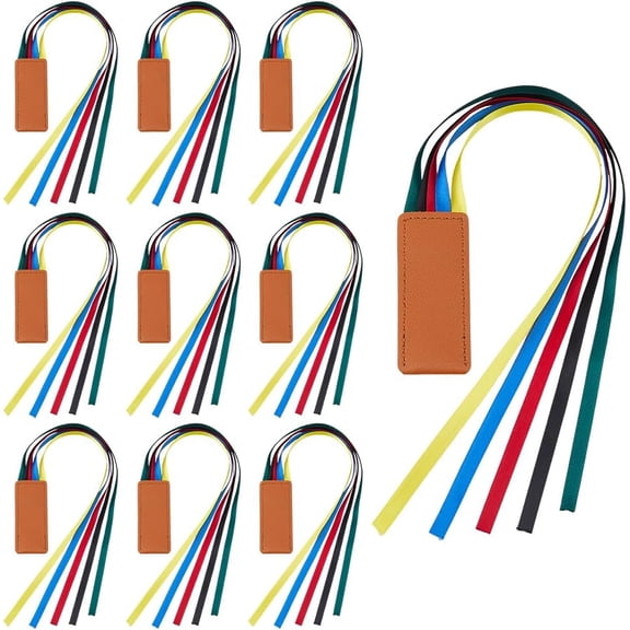 10PCS Ribbon Bookmarks Bible Bookmark Multicolor PU Leather Bookmarks with Brown Label Multi Page Ribbon Marker Page Markers with 5 Ribbons Book Mark Gifts