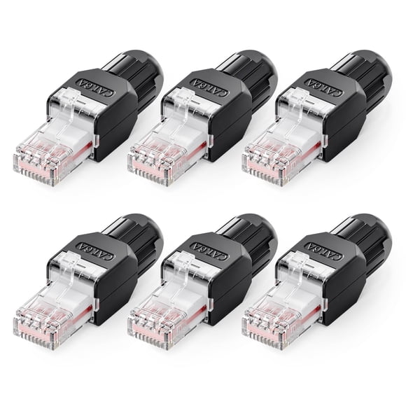 VCELINK CAT6A Tool-Free RJ45 Connector, 10 Gbps, UTP No-Crimp Compact Reusable Plug for Field Termination for 23-26 AWG Ethernet Cables, Black, 6-Pac