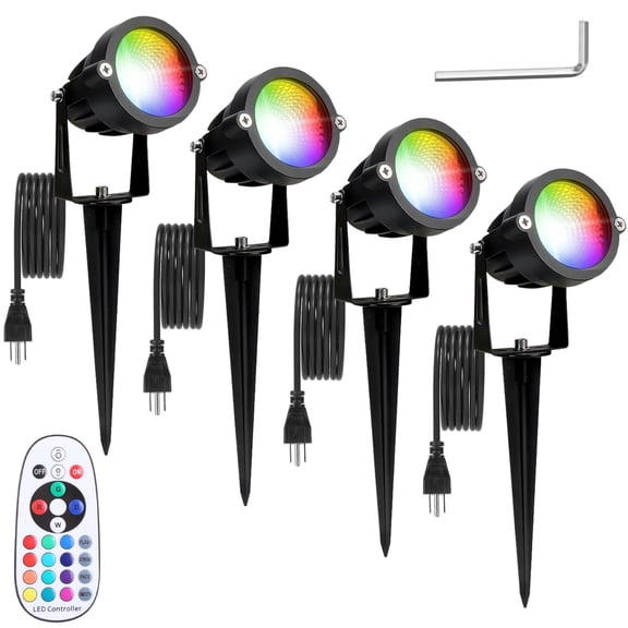 4-Pack Color Changing Landscape Spotlights with Remote - Waterproof RGBW LED Stake Lights with 16 Colors and 4 Lighting Modes