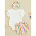 thumbnail image 4 of Suealasg Newborn Girl 3Pcs Easter Outfits Short Sleeve Crew Neck Letters Print Romper Top Striped Shorts Headband 0-18 Months	Infant Baby Girl Summer Clothes, 4 of 9