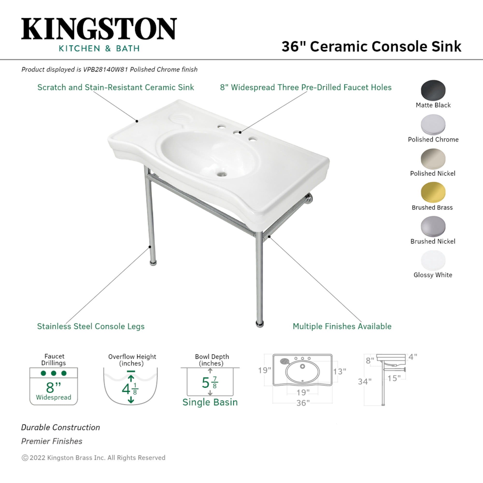 Kingston Brass VPB28140W81 Bristol 36" Ceramic Console Sink with Stainless Steel Legs (8-Inch, 3-Hole), White/Polished Chrome