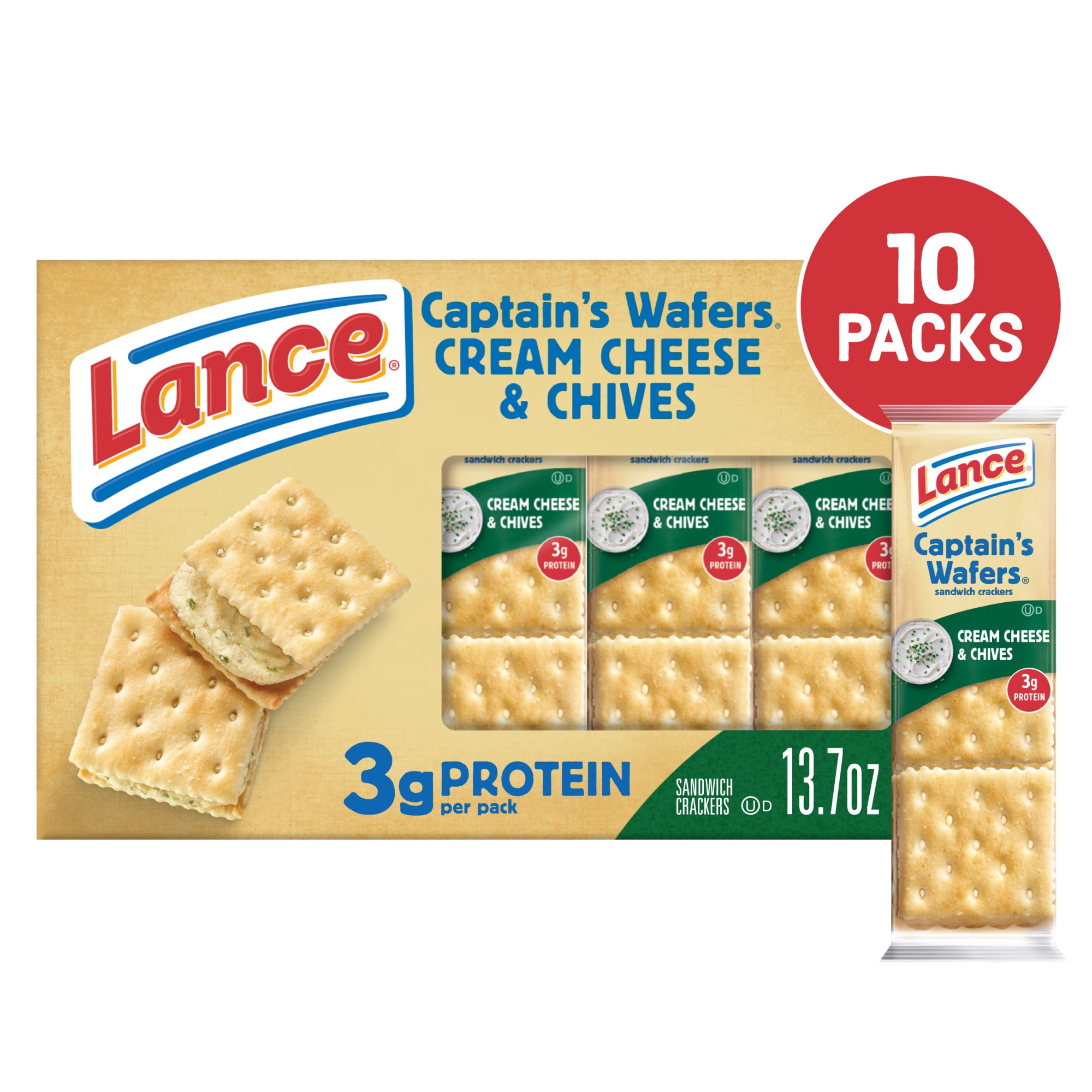 Lance Sandwich Crackers, Captain's Wafers Cream Cheese and Chives, 10 Packs, 6 Sandwiches Each