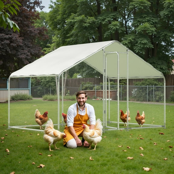 Outdoor Large Metal Walk-In Chicken Coops with Spire-Shaped Chicken Run House for Backyard,Silver