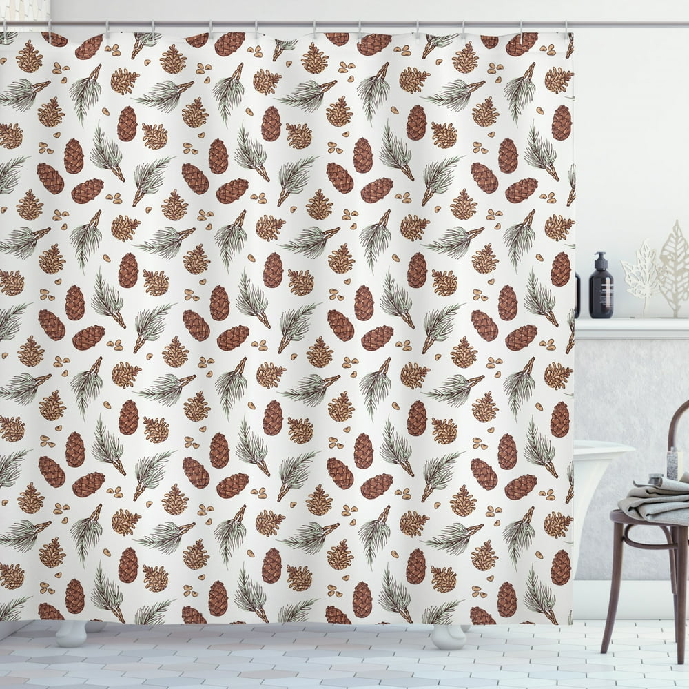 Pine Cone Shower Curtain, Natural Toned Conifers with Spruce Branches