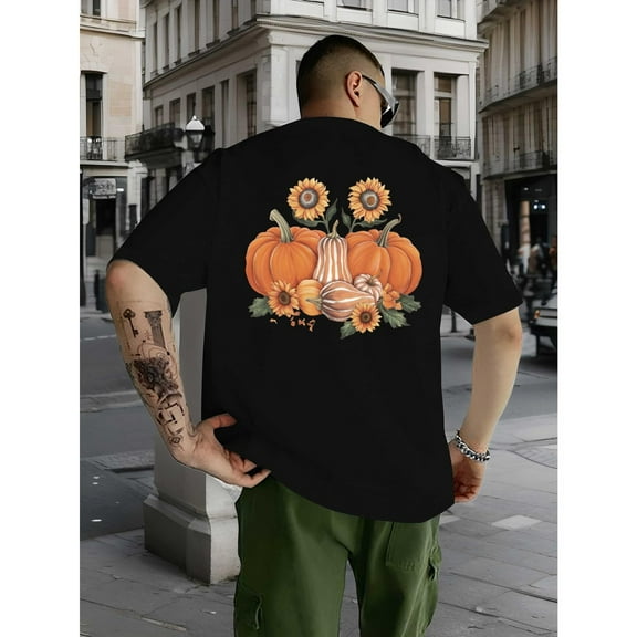 Halloween Autumn Pumpkin Tee Sunflower Fall Design T Shirt Short Sleeve Graphic Tees Tops Black S-5XL