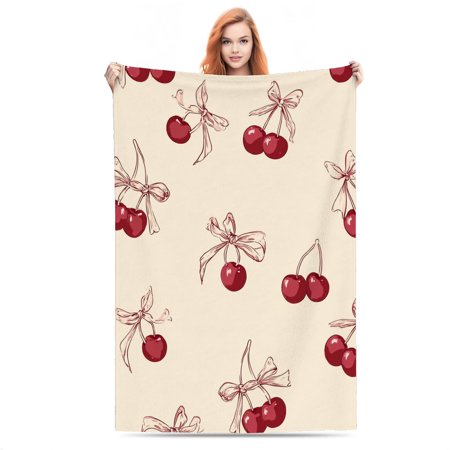 Cherry Bow Lightweight Flannel Printed Blanket - Ultra Soft & Warm All-Season Cozy Plush for Couch Bed Office Camping Nap - Perfect Decorative Gift