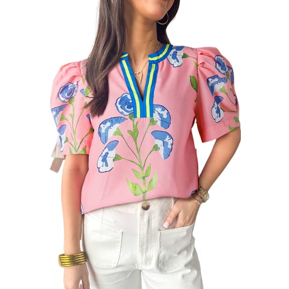 Women's Pink Floral Print Striped Notched V Neck Bubble Sleeve Blouse - Summer Style | [ZhiHiMeRi] | (US 12-14)L